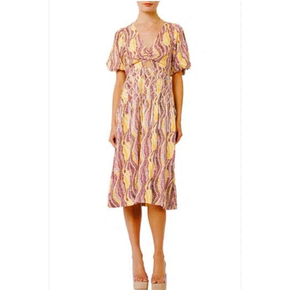 CIEBON Allicent Twist Front Puff Sleeve Midi Dress Size Medium Cutout Beaded‎